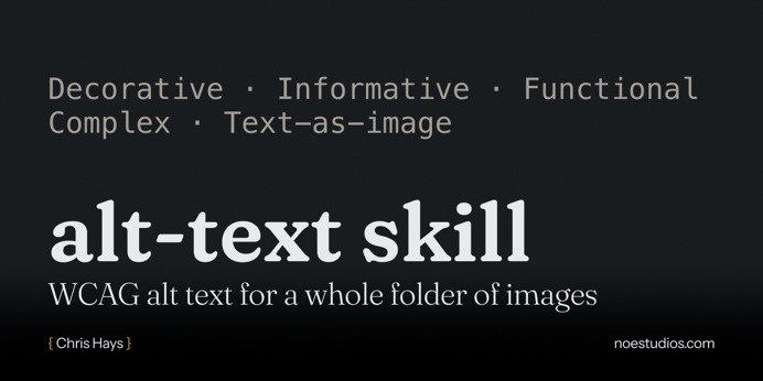 The alt-text skill's social card: the five WCAG image types, Decorative, Informative, Functional, Complex, and Text-as-image, above the name and the line 'WCAG alt text for a whole folder of images.'