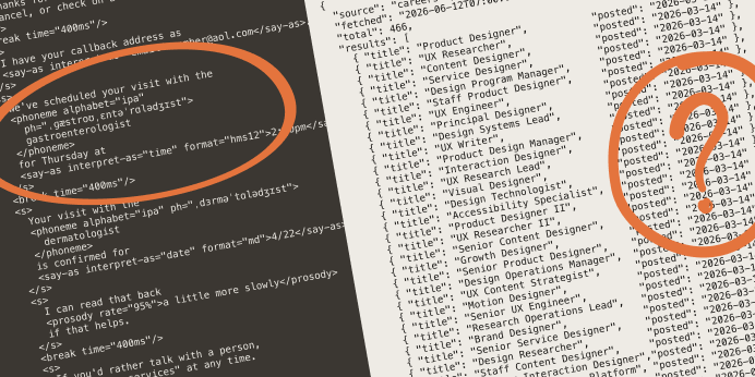 Two annotated code fragments: speech-synthesis markup with a hand-drawn circle around a phonetic pronunciation fix, and a job-feed API response with a hand-drawn question mark over a column of identical posting dates.