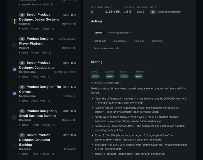 Screenshot of the scoring reader: a job detail panel with four green "pass" pills under Comp, Location, Sector, and Title band, a score of 92, and a bulleted list quoting lines from the posting with the criterion each one satisfied.