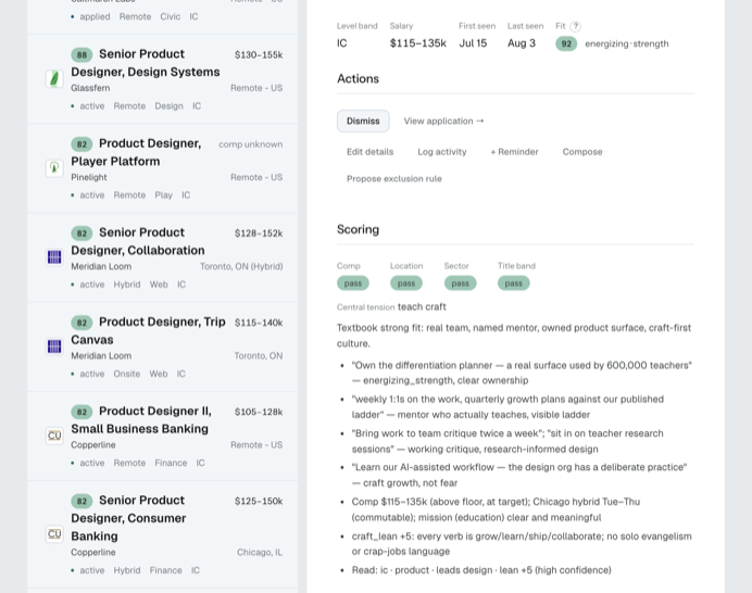 Screenshot of the scoring reader: a job detail panel with four green "pass" pills under Comp, Location, Sector, and Title band, a score of 92, and a bulleted list quoting lines from the posting with the criterion each one satisfied.
