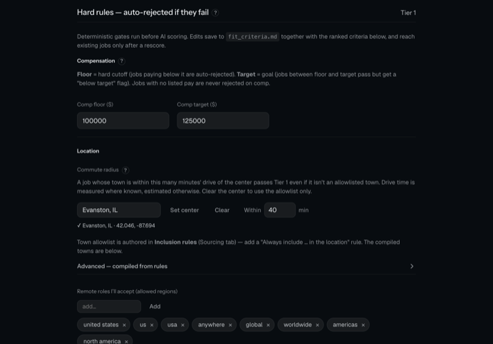 Screenshot of the Scoring settings: a section titled "Hard rules, auto-rejected if they fail," marked Tier 1, with fields for compensation floor and target, a commute radius in minutes from a center town, and a list of accepted remote regions.